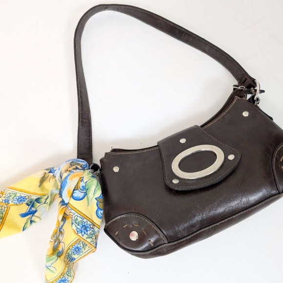 2000s Mini Brown Shoulder Bag Faux Leather Pleather PVC Mini Clutch - Picture 1 of 12